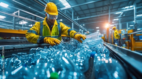 Sorting plastic bottles in recycling plant industrial facility waste management inside view sustainability efforts
