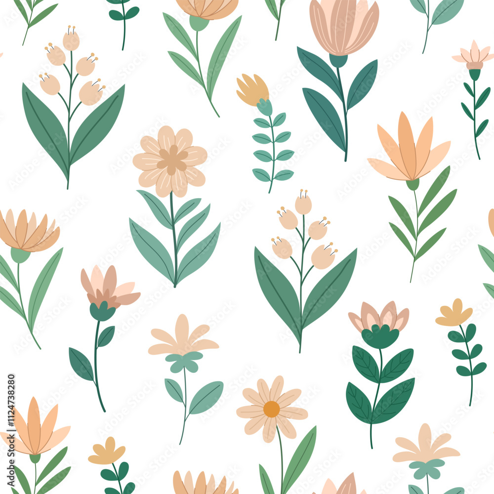 Spring flowers seamless pattern. Delicate hand drawn yellow flowers naive flat pattern. Lilies of the valley, daisies and other flowers. Spring flowers seamless pattern. Delicate hand drawn yellow flowers naive flat pattern. Lilies of the valley, daisies and other flowers.