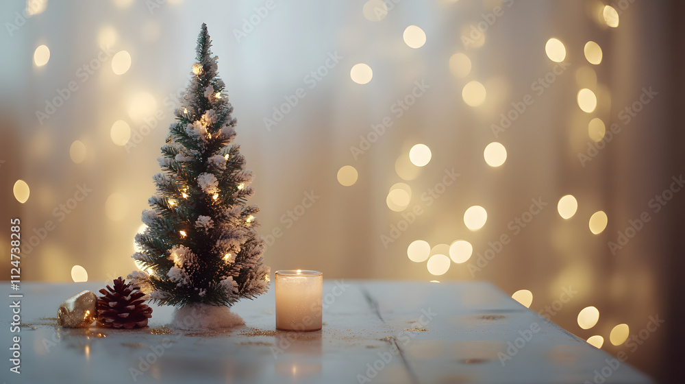 Festive Table Setting with Miniature Christmas Tree and Pale Gold Decorations, Captured in Close-Up Still Life with Natural Light. Festive Table Setting with Miniature Christmas Tree and Pale Gold Decorations, Captured in Close-Up Still Life with Natural Light.