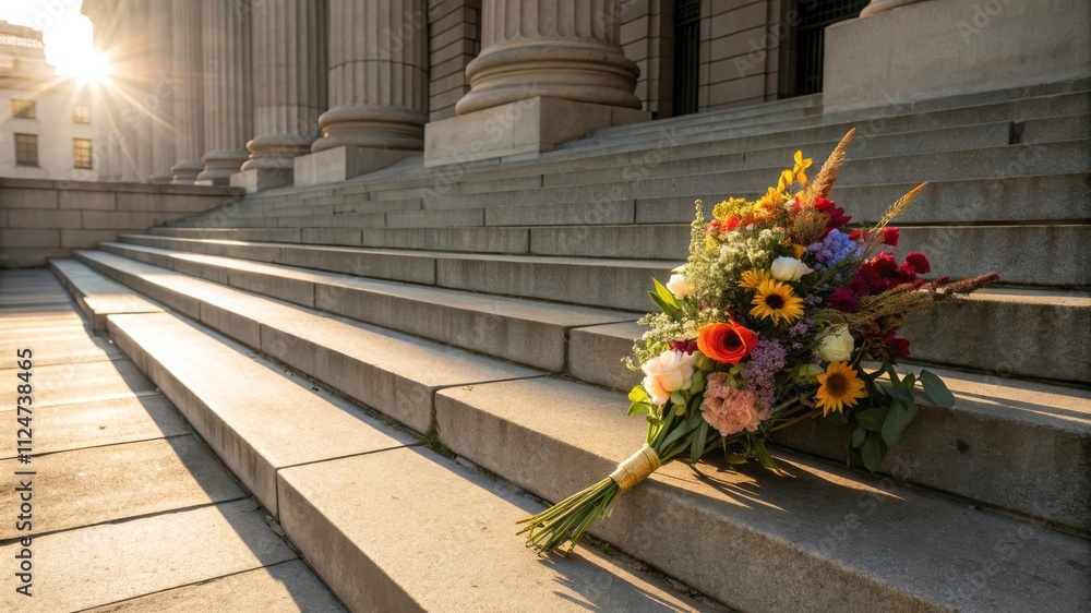 Fototapeta premium Stylish Bouquet Resting on Courthouse Steps in Golden Evening Light With Vibrant Flowers Showing Beauty and Elegance. Generative AI