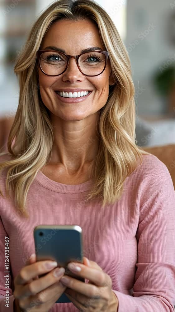 Woman Smiles While Using Smartphone in Cozy Living Room Setting During Afternoon Woman Smiles While Using Smartphone in Cozy Living Room Setting During Afternoon