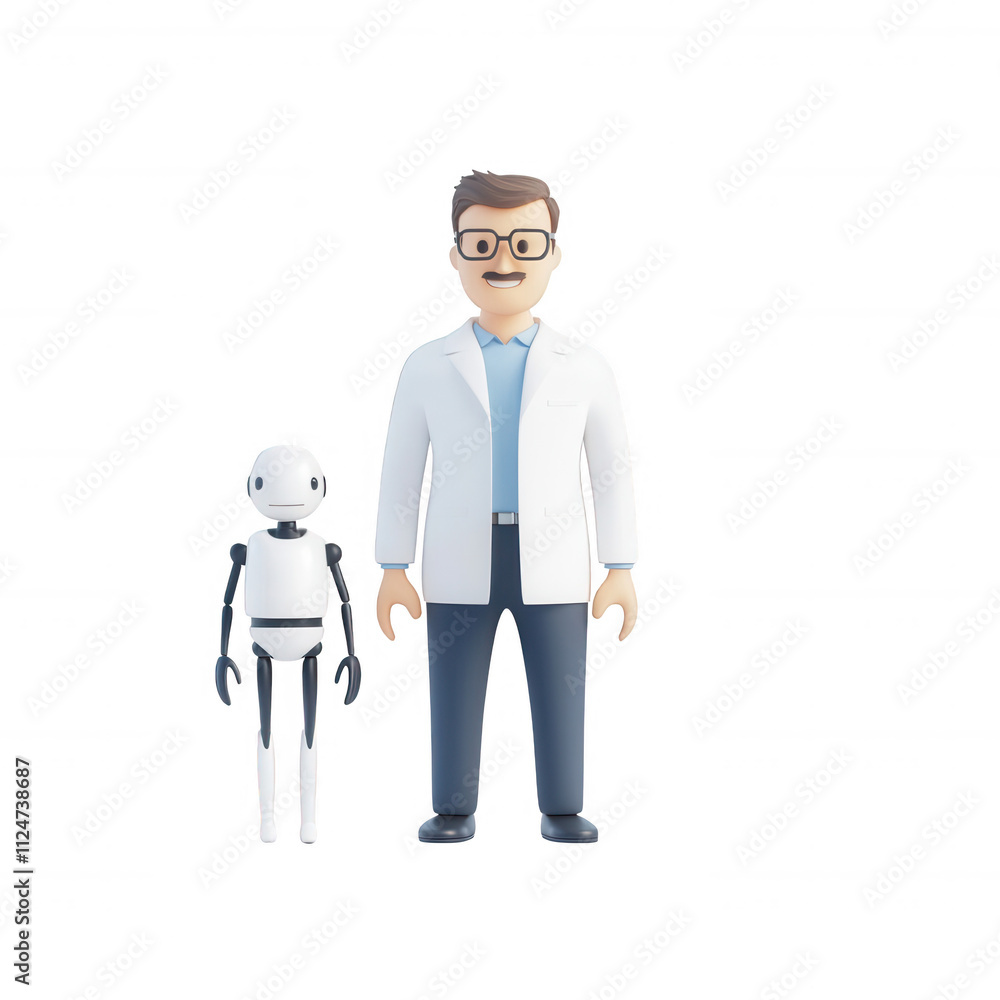 A scientist stands beside a friendly robot, representing innovation in artificial intelligence., isolated on a transparent background. A scientist stands beside a friendly robot, representing innovation in artificial intelligence., isolated on a transparent background.