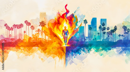 Abstract fiery globe resembling Olympic torch at center with colorful Los Angeles cityscape background featuring palm trees and skyscrapers – vibrant artistic illustration celebrating 2028 Olympics