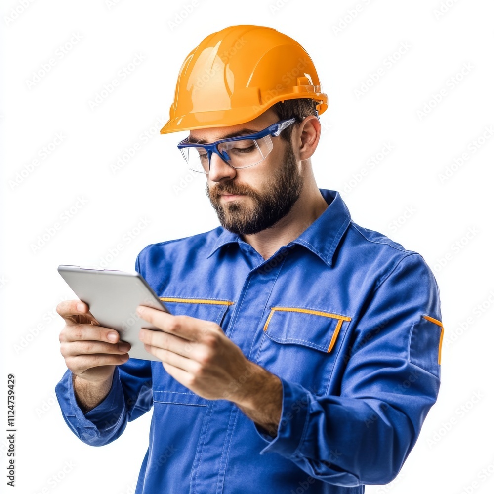 Construction worker using tablet on job site industrial environment professional activity close-up view technology in industry Construction worker using tablet on job site industrial environment professional activity close-up view technology in industry