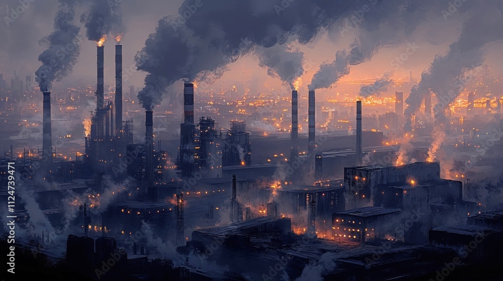 Industrial nightscape with illuminated factory chimneys emitting smoke against dark sky. Dramatic urban scene showing power plant or refinery complex with glowing lights and atmospheric pollution Industrial nightscape with illuminated factory chimneys emitting smoke against dark sky. Dramatic urban scene showing power plant or refinery complex with glowing lights and atmospheric pollution