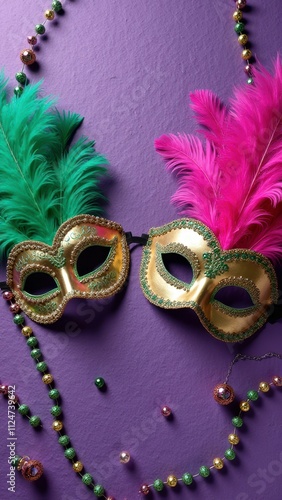 Vibrant venetian masks with feathers on purple background photo