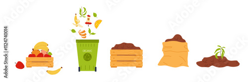 Composting process illustrated with fruit scraps, bins, and natural waste transformation