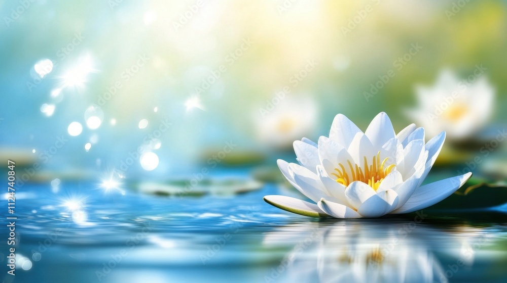 Beautiful White Water Lily Blossoming on Calm Blue Water Surface Beautiful White Water Lily Blossoming on Calm Blue Water Surface