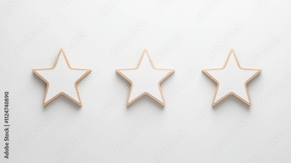 Fototapeta premium Three wooden star shapes are arranged in a row against a clean, white background, creating a minimalist and elegant aesthetic.