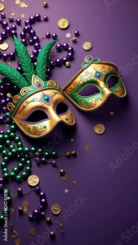 Vibrant mardi gras masquerade masks with beads and coins on purple background photo