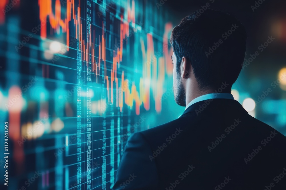 Man in business attire analyzing digital finance charts glowing blue data visuals futuristic stock market interface Man in business attire analyzing digital finance charts glowing blue data visuals futuristic stock market interface