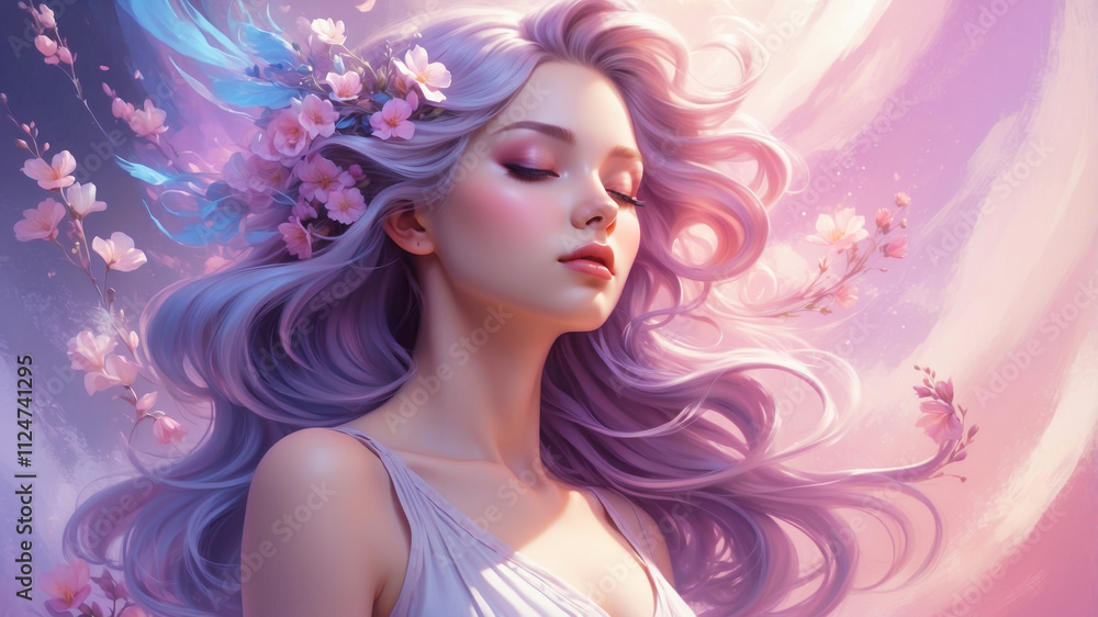 Creative fantasy portrait of a girl surrounded by flowers. Concept of dream, meditation, transcendent conscience and creative mind. Creative fantasy portrait of a girl surrounded by flowers. Concept of dream, meditation, transcendent conscience and creative mind.