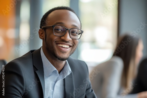 Man in a business meeting wearing glasses smiling formal attire modern office environment