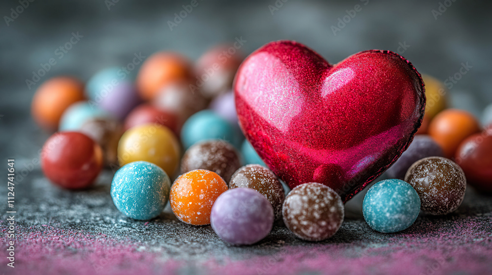 A metallic shiny red heart surrounded by small sweet spheres in shades of blue, yellow, orange, and purple on a dark background. A striking and modern contrast. Generated with AI. A metallic shiny red heart surrounded by small sweet spheres in shades of blue, yellow, orange, and purple on a dark background. A striking and modern contrast. Generated with AI.
