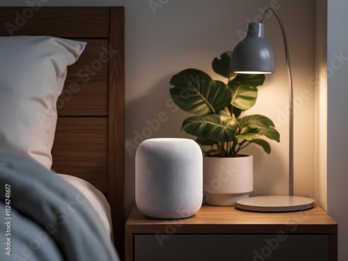 Smart home assistant placed on a nightstand beside a bed in a modern bedroom, future advance home