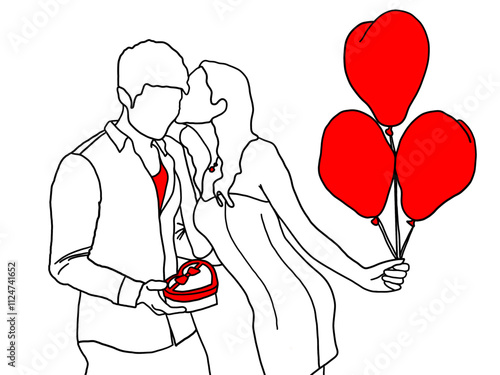 A couple in love with balloons and a Valentine's Day gift. A simple linear hand-drawn drawing