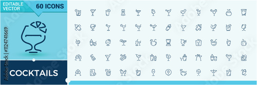 Cocktails icon set. Featuring water, martini, beverage, wine, vodka, tequila and more. Simple icon designs. Vector outline icons collection.