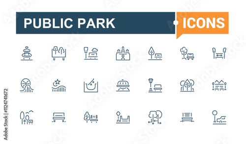 Public Park icon set. It contains symbols to bike, element, public, bush, scooter, isolated, symbol, editable stroke. Thin outline icons pack. Vector icons editable stroke.