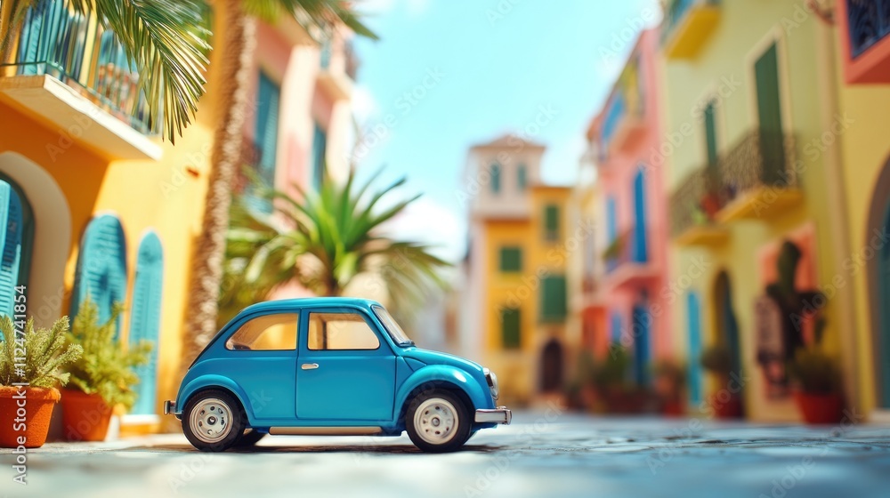 Fototapeta premium A vibrant blue toy car parked in a colorful street scene, featuring playful architecture and palm trees for a lively atmosphere.