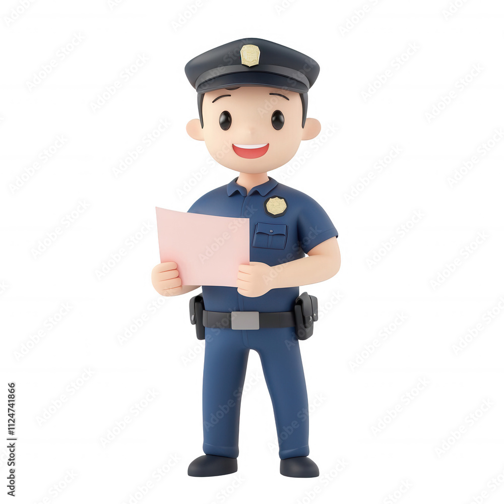 Cartoon police officer smiling while holding a document or report., isolated on a transparent background. Cartoon police officer smiling while holding a document or report., isolated on a transparent background.