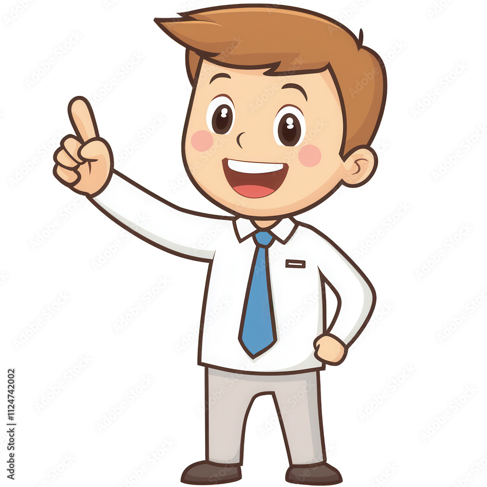 Cheerful cartoon businessman pointing with a smile, representing enthusiasm and motivation., isolated on a transparent background. Cheerful cartoon businessman pointing with a smile, representing enthusiasm and motivation., isolated on a transparent background.