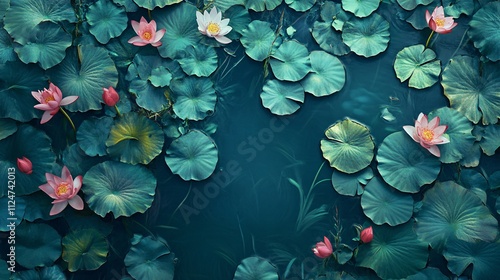 Fototapeta Naklejka Na Ścianę i Meble -  Pink and white lotus flowers blooming in a pond with green leaves