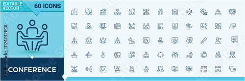 Conference icons. Contains such icons as professional, audience, forum, discussion, teamwork, organisation and more. Thin UI icon design. Vector illustration in modern line style.