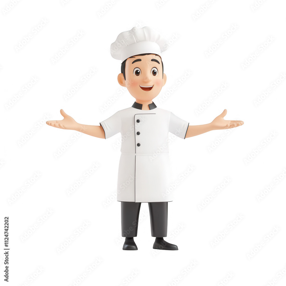 Cheerful cartoon chef character with arms open, ready to serve delicious dishes., isolated on a transparent background. Cheerful cartoon chef character with arms open, ready to serve delicious dishes., isolated on a transparent background.