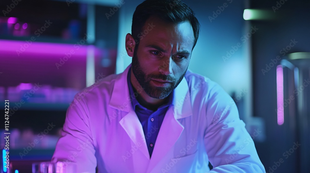 Portrait of confident male doctor in white coat looking at camera against futuristic blue background Portrait of confident male doctor in white coat looking at camera against futuristic blue background