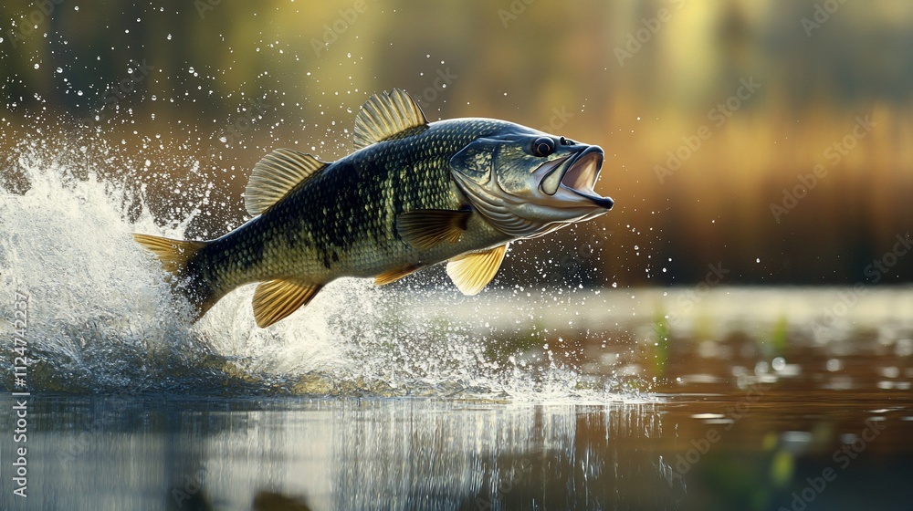 Largemouth bass leaping from water, splashing. Largemouth bass leaping from water, splashing.