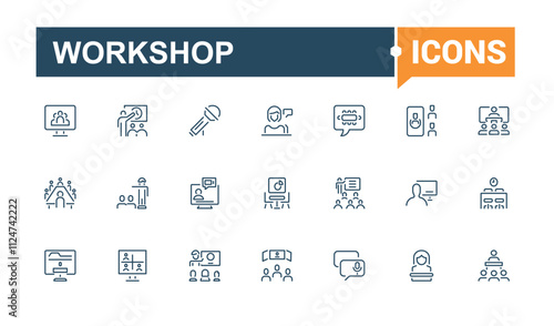 Workshop icons set in line style. Includes icons for discussion, audience, workshop, office, presentation, organisation, seminar and more. Simple icon designs. Editable stroke.