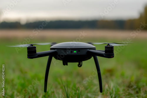 Futuristic quadcopter drone capturing stunning aerial views of a peaceful countryside, showcasing the latest in unmanned vehicle technology and aerial photography photo