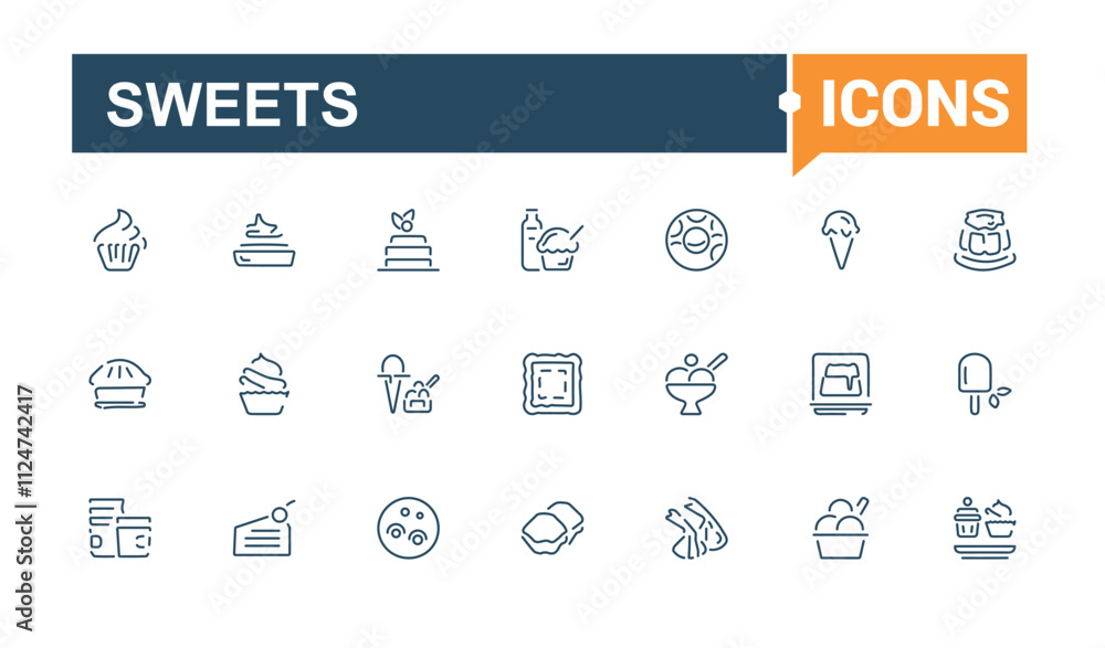 Sweets icon pack. Contains such icons as food, sweetly, vanilla, sweets, dessert and more. Simple web icons. Vector outline icons collection. Sweets icon pack. Contains such icons as food, sweetly, vanilla, sweets, dessert and more. Simple web icons. Vector outline icons collection.