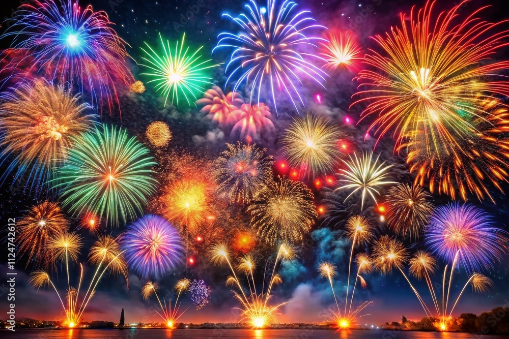 Fototapeta premium A Spectacular Night of Colorful Fireworks Illuminating the Sky, Symbolizing the Joy and Celebration of Friendship Under a Starry Night