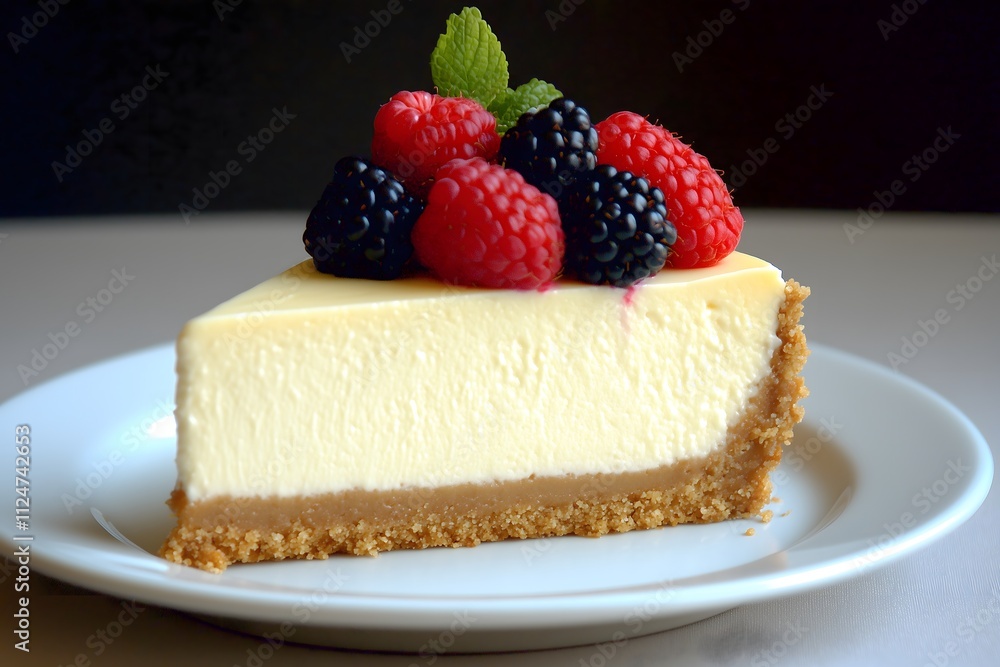 A close-up of a single, perfectly sliced piece of creamy delicious cheesecake with a golden graham cracker crust, topped with fresh berries on a white plate A close-up of a single, perfectly sliced piece of creamy delicious cheesecake with a golden graham cracker crust, topped with fresh berries on a white plate