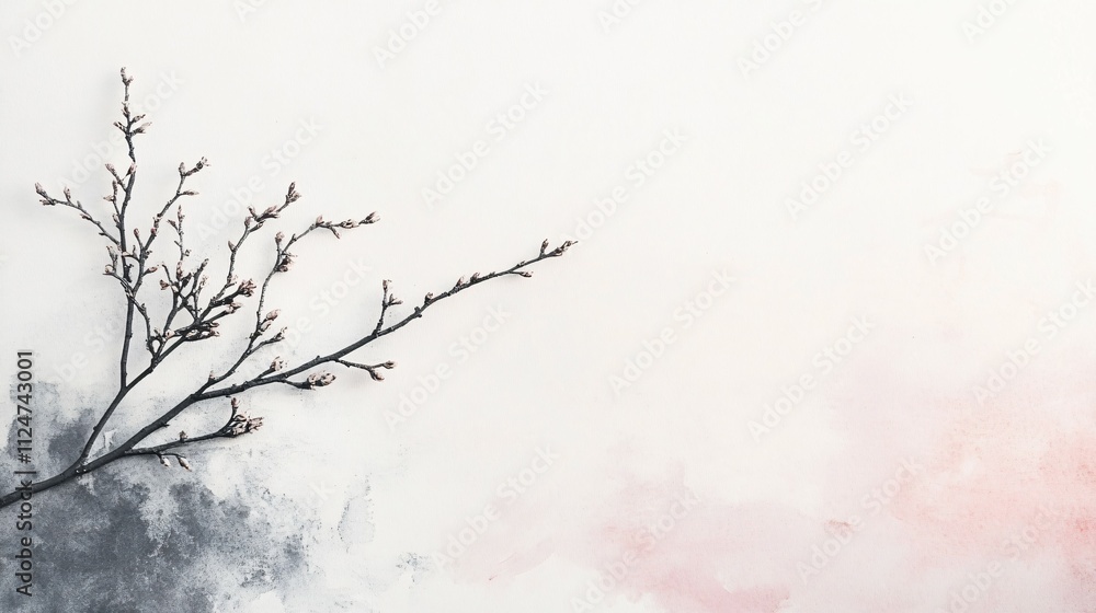 Bare Branch with Buds on Watercolor Background Bare Branch with Buds on Watercolor Background