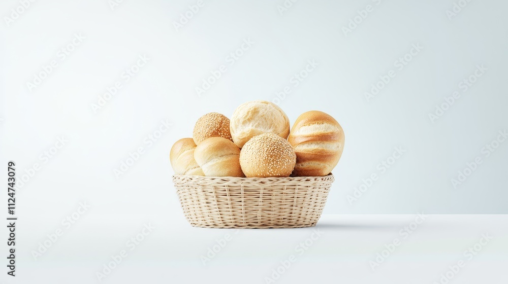 Freshly Baked Bread Rolls in a Woven Basket on a Light Background, Perfect for Food Photography, Bakery Promotions, or Culinary Projects Freshly Baked Bread Rolls in a Woven Basket on a Light Background, Perfect for Food Photography, Bakery Promotions, or Culinary Projects
