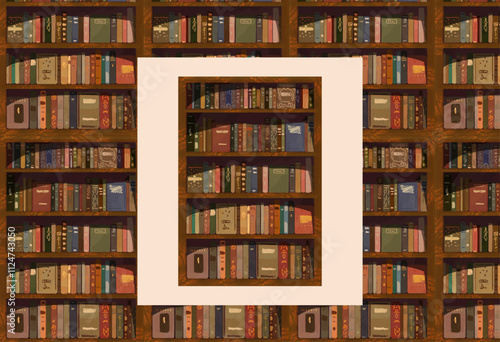 Old cozy yellow wooden bookcase. Seamless hand drawn illustrated wallpaper for bookstore, library, institute, science center