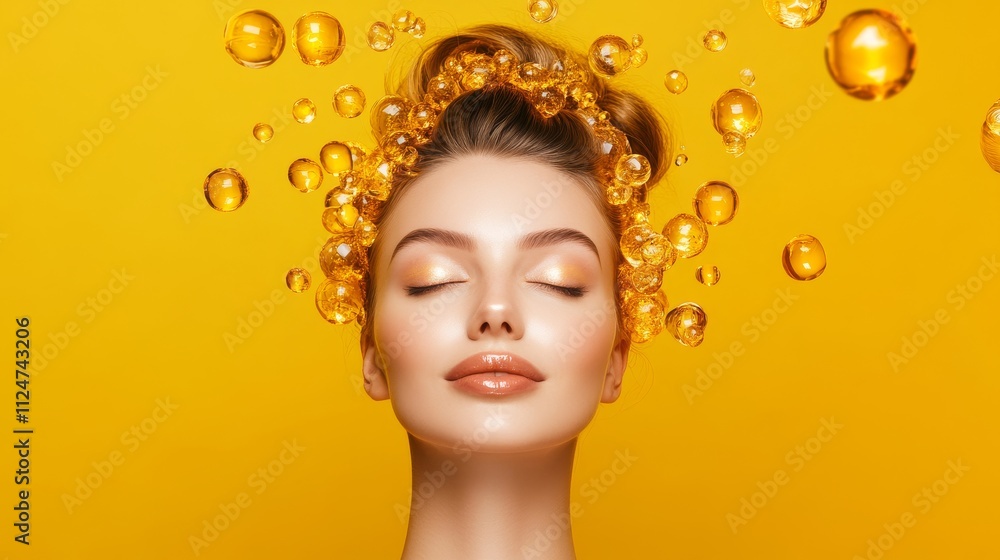 A serene woman surrounded by golden bubbles on a vibrant background. A serene woman surrounded by golden bubbles on a vibrant background.