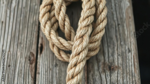 Close up of a thick and sturdy nautical mooring rope with intricate braided design on a rustic wooden dock, boat