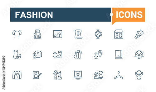 Fashion vector line icon set. Includes icons for woman, out, clothing, bra, accessories, lingerie and more. Minimalist thin linear icon. Editable vector illustration.