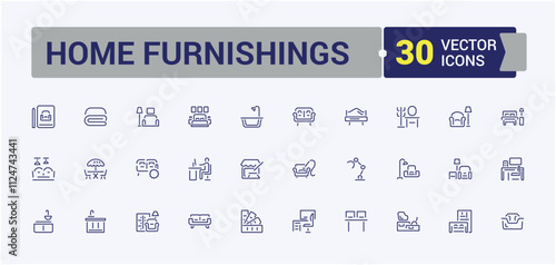 Home Furnishings line icons set. Contains such icons as decor, chandelier, room, wardrobe, chair, cupboard, decoration, pillow. Modern thin icons. Editable vector stroke.