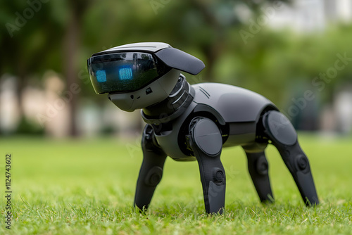 Cutting edge robotic dog with glowing blue eyes displays advanced technology and artificial intelligence in a natural setting photo