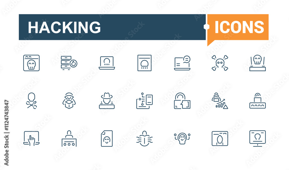 Hacking line icons set. Containing spam, cyberspace, hacker, criminal, security, virus, hack, threat. Minimalist thin linear icon. Vector icons editable stroke. Hacking line icons set. Containing spam, cyberspace, hacker, criminal, security, virus, hack, threat. Minimalist thin linear icon. Vector icons editable stroke.