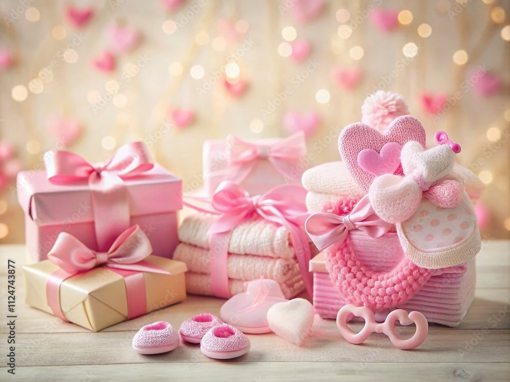 Assorted Pink Baby Shower Gifts with Heart, Pacifier, and Baby Clothes on Soft Pastel Background Perfect for Celebrating New Beginnings and Cherished Moments Assorted Pink Baby Shower Gifts with Heart, Pacifier, and Baby Clothes on Soft Pastel Background Perfect for Celebrating New Beginnings and Cherished Moments