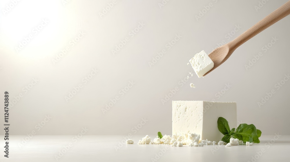 Freshly Crumbled Soft Cheese on Light Surface with Wooden Spoon and Green Herbs for Delicious Culinary Preparations and Healthy Eating Choices Freshly Crumbled Soft Cheese on Light Surface with Wooden Spoon and Green Herbs for Delicious Culinary Preparations and Healthy Eating Choices