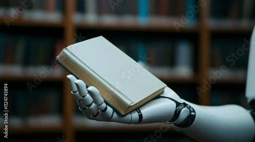 Robotic arm delicately holding a book in a library, symbolizing the blend of artificial intelligence and education in a technologically advanced future photo