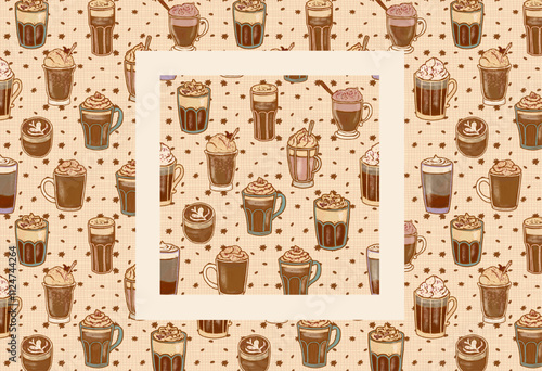 Cozy vintage kitchen drinks pattern for coffee shop, cafe, bakery background. Beige retro ornament. Latte, cappuccino, macchiato with milk foam in glasses, cups