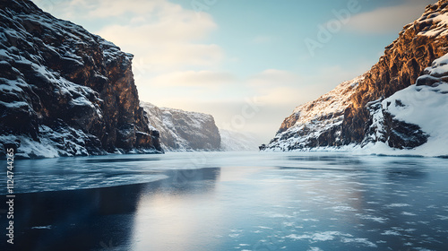 Captivating Frozen Fjord Landscape with Crystal Clear Waters and Rugged Cliffs in Sunlight