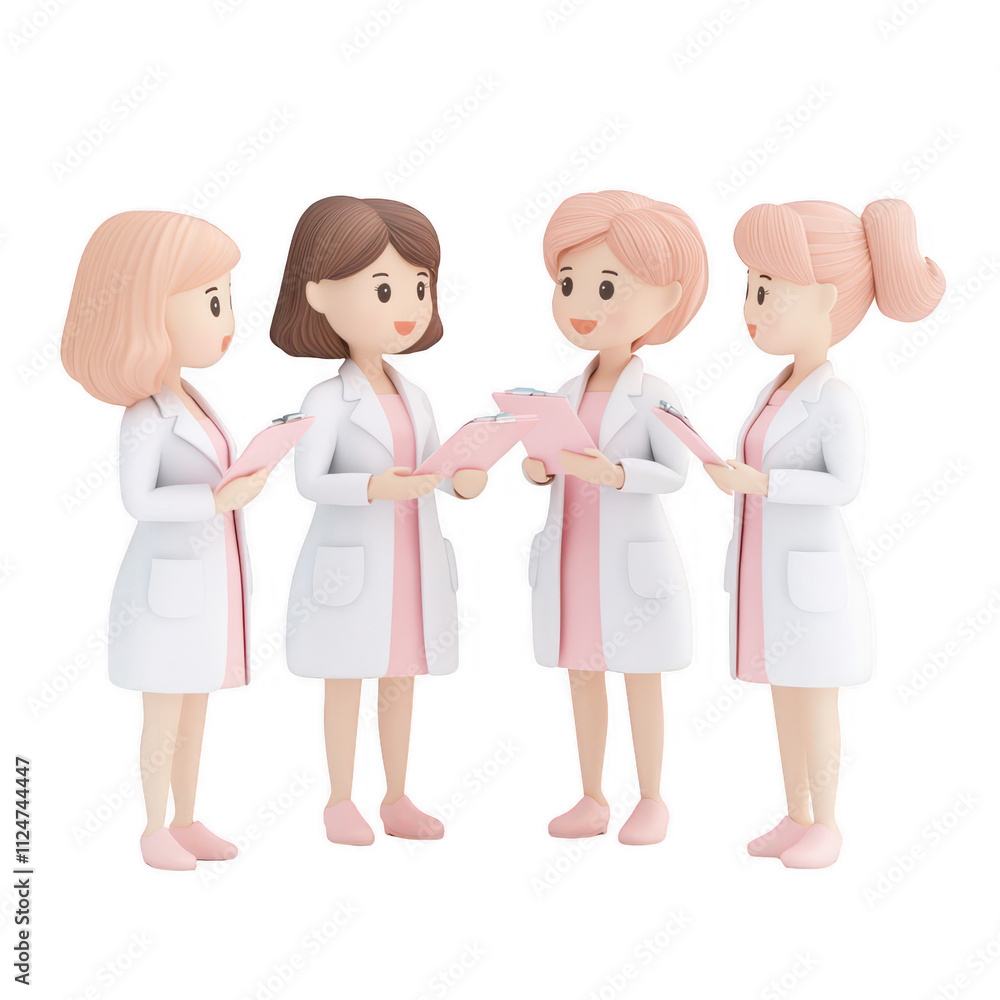 Four women in lab coats discussing research findings in a friendly atmosphere., isolated on a transparent background. Four women in lab coats discussing research findings in a friendly atmosphere., isolated on a transparent background.